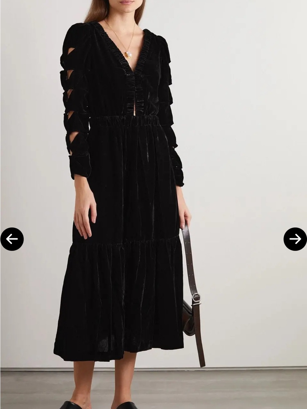 Sea New York Black Velvet Tiered Midi Dress with Cutout Sleeve Details